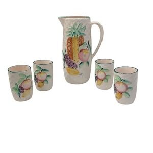 Vintage Majolica Basket Weave Juice Pitcher & Cups Japan Fruit Ceramic Serveware